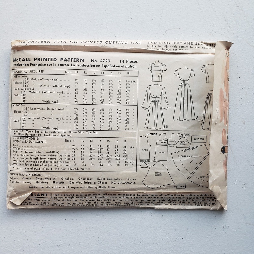 1940s Vintage McCalls 4729 Bishop Sleeve Blouse And Skirt Pockets Sewing Pattern - Picture 2 of 2
